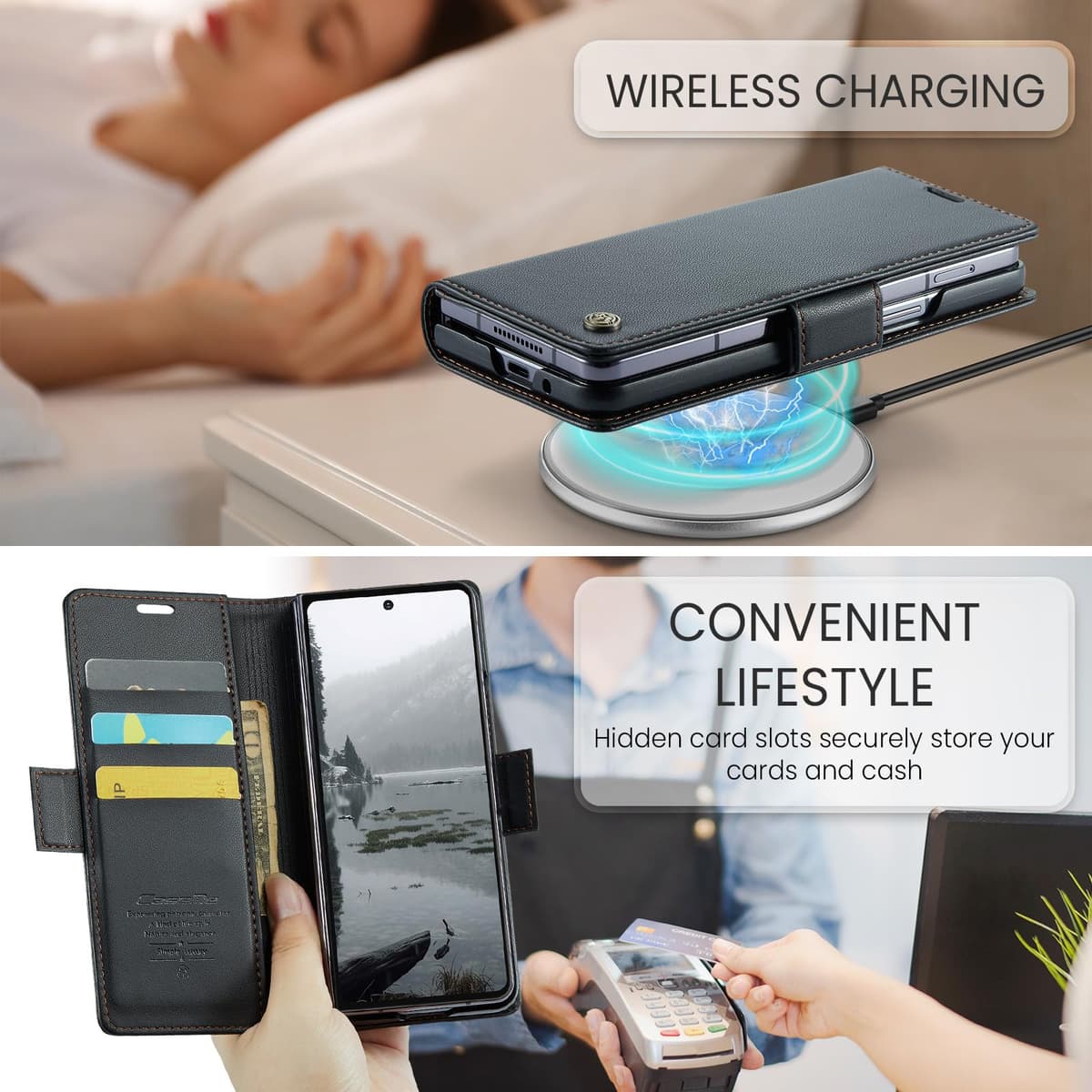Case for Z Fold 7 Leather Wallet Flip Cover with Card Holder,Kickstand, Magnetic Closure,TPU Protection Phone Housse Compatible with Samsung Fold 7 - Black — view 5