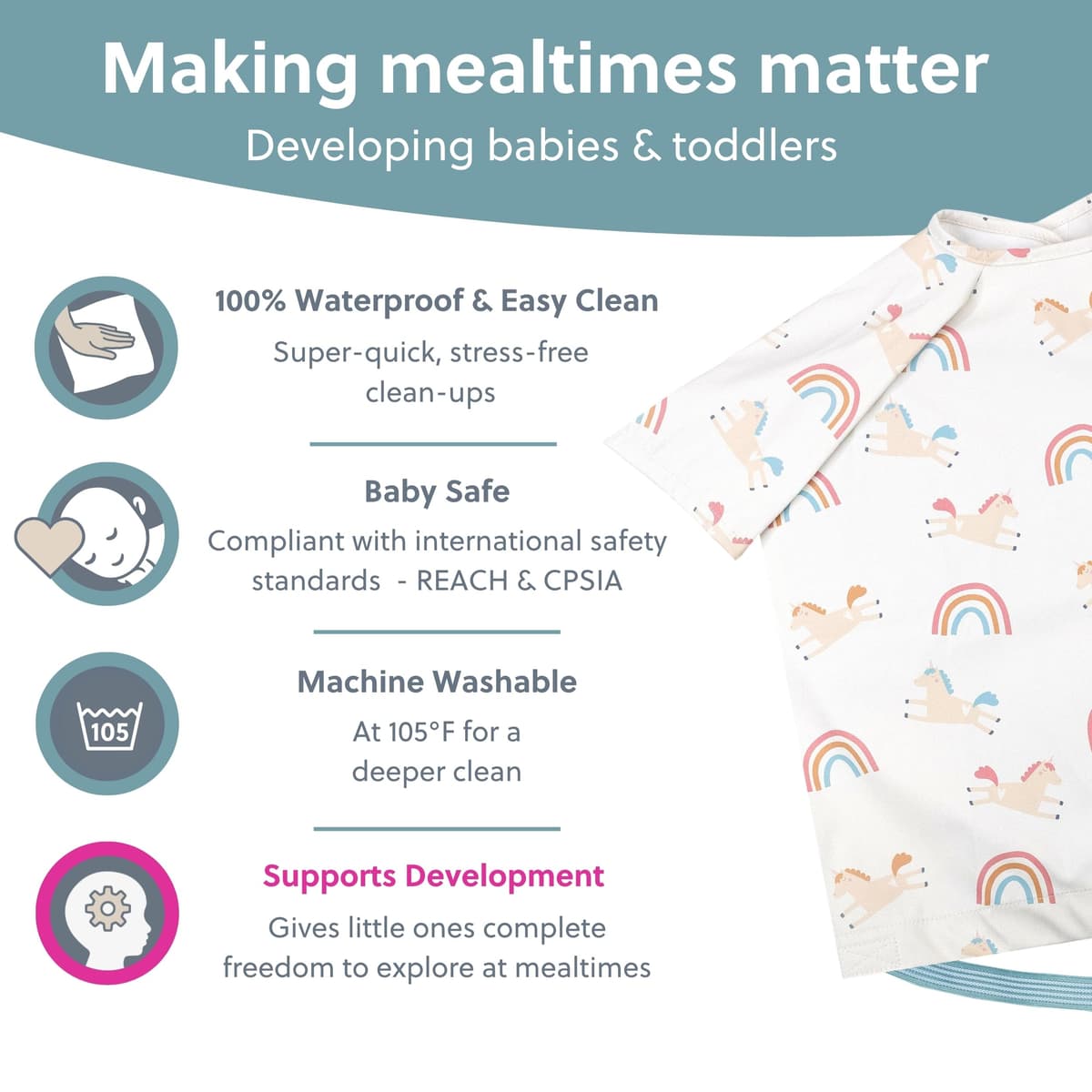 BIBaDO - Short Sleeve Baby Bibs - Babies & Toddlers 6-36 Months - Coverall Weaning Bib - Easy Wipe Clean & Soft Fabric - Attach to Highchair & Tables - Waterproof - Machine Washable — view 3