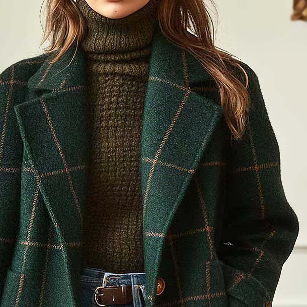 Women's Retro Plaid Lapel Coat, Mid-Length Casual Elegant Outerwear for Autumn Winter — view 2