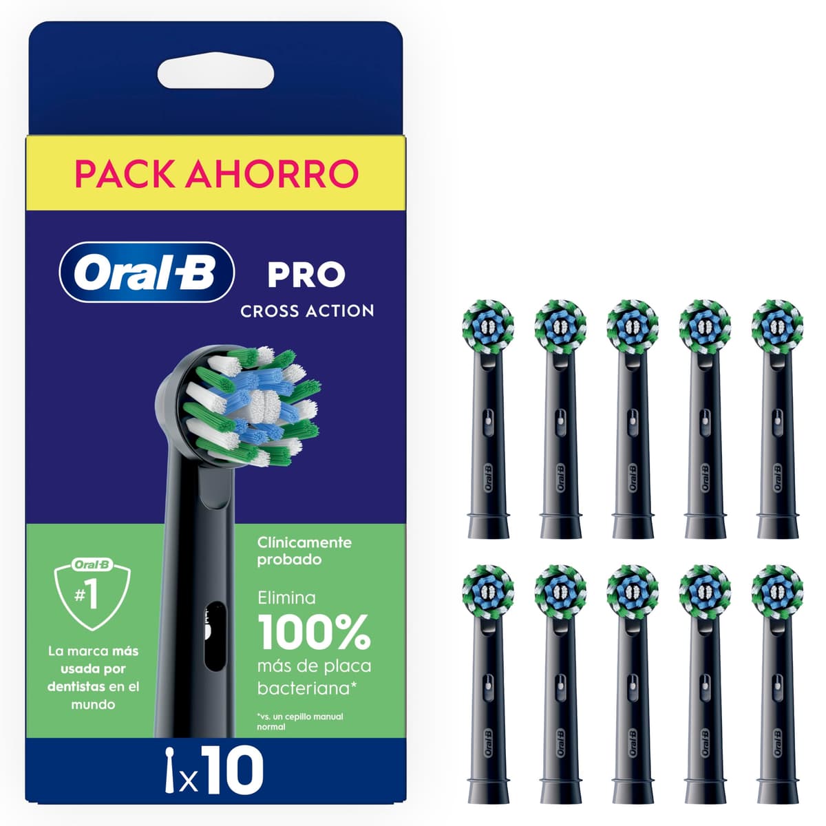 Oral-B Pro CrossAction Cabezales De Recambio ORIGINALES para Cepillo Eléctrico Oral B Pro, Pack De 10 Recambios Negros Con Indicador De Uso Y Filamentos En Forma De X Para Una Limpieza Profunda