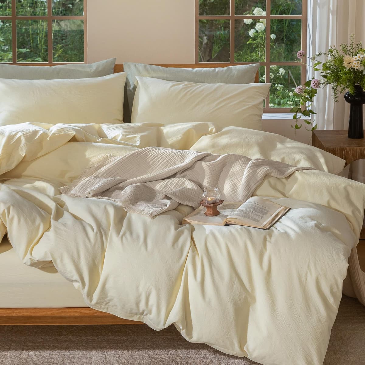 MooMee Bedding Duvet Cover Set 100% Washed Cotton Linen Like Textured Breathable Durable Soft Comfy (Tannish Linen Grey, King) — view 156
