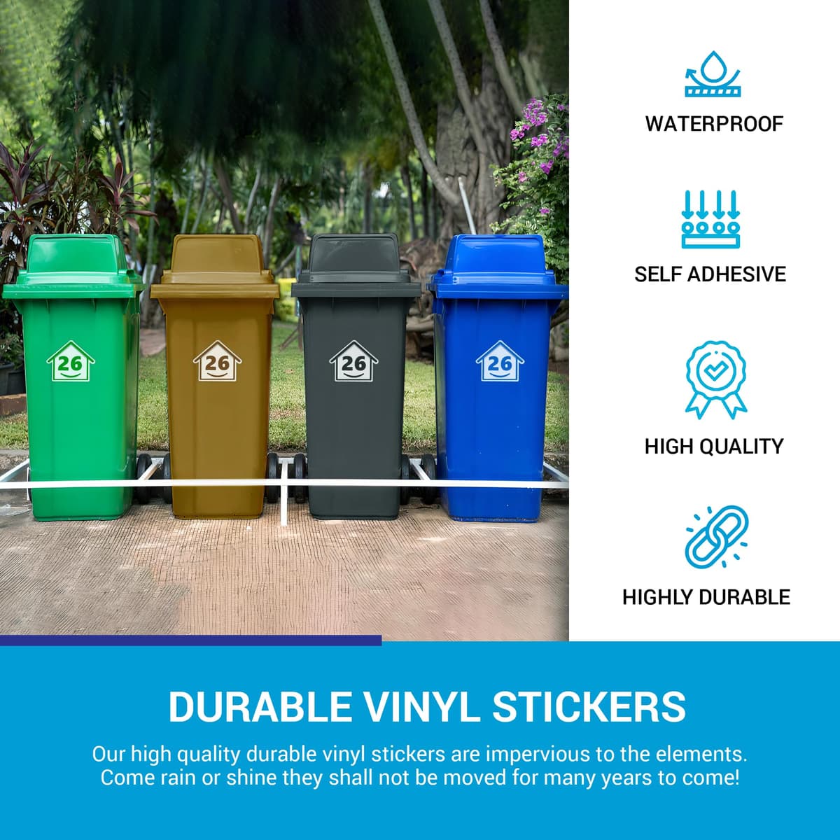 4 x Bin Numbers for Wheelie Bins, 1-99, 15cm ‘Happy House’ Colour Design Dustbin Stickers, Easy Application Stick On Number Stickers - Weatherproof Self Adhesive Vinyl – Blue, Black, Green, Brown (26) — view 5
