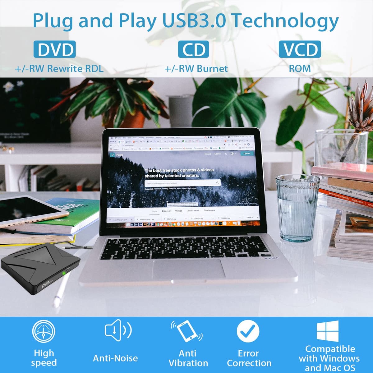 RUIZHI Unidades DVD/CD Externa, USB 3.0 y Type C portátil CD DVD +/- RW Grabadora de Reproductor Externo para PC Laptop Desktop MacBook, Compatible con Windows/7/8/10/XP/Linux/MacOS — view 2