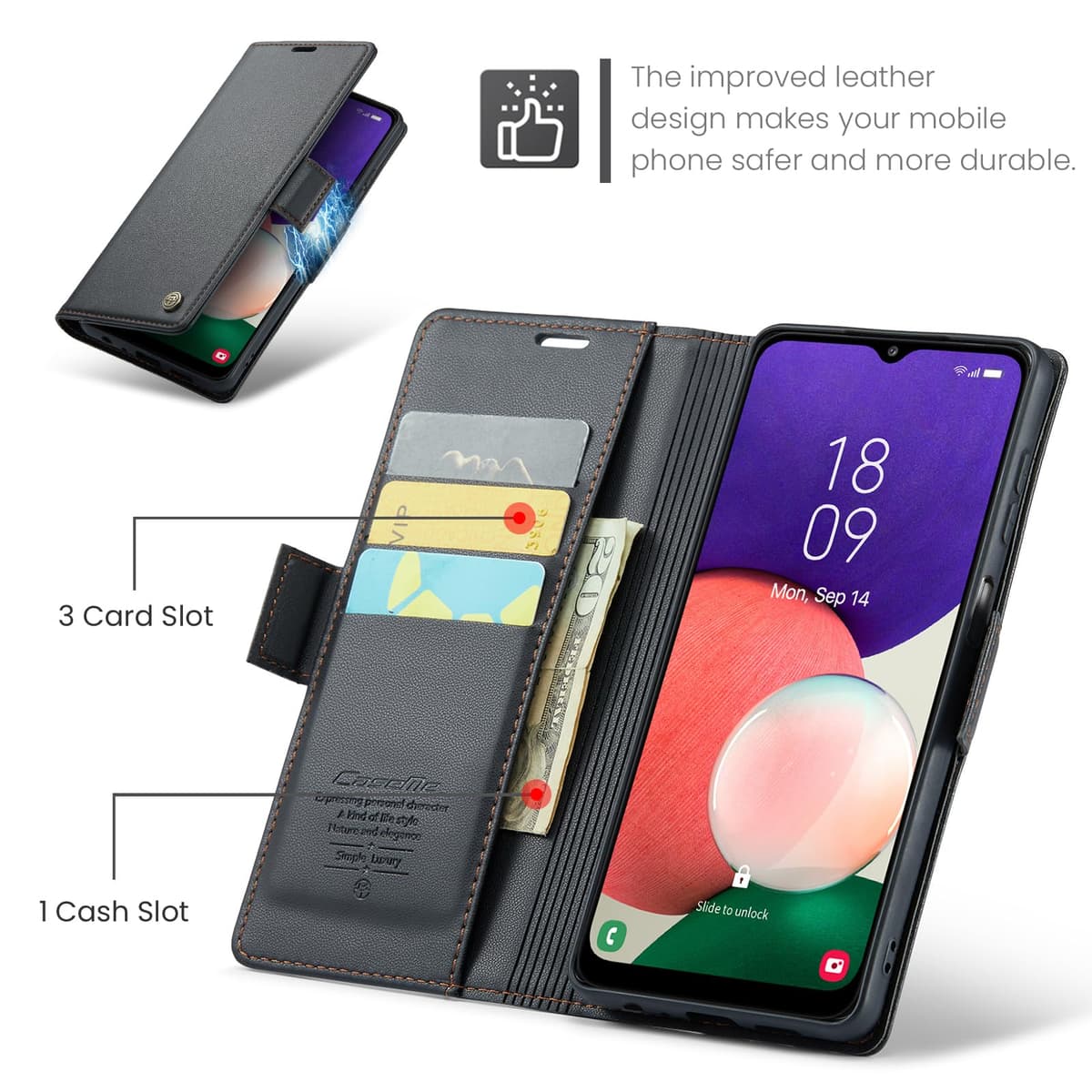 Phernykas for Samsung Galaxy A22 5G(Not compatible A22 4G) Wallet Case with Card Holder, Kickstand RFID Blocking Magnetic Closure Protective Leather Case for Samsung A22 Flip Case Wallet - Black — view 3