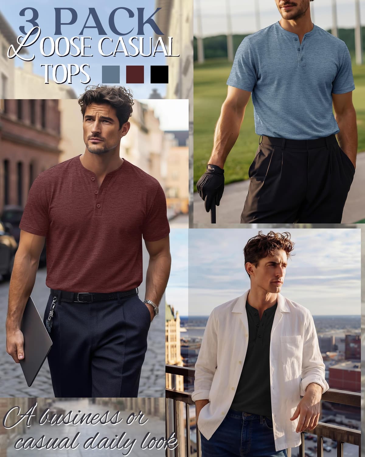 Ficerd 3 Piezas Camisetas Henley para Hombres de Talla Grande y Alta, Manga Corta, Oversize Holgadas, Básicas Casuales Tops — view 3
