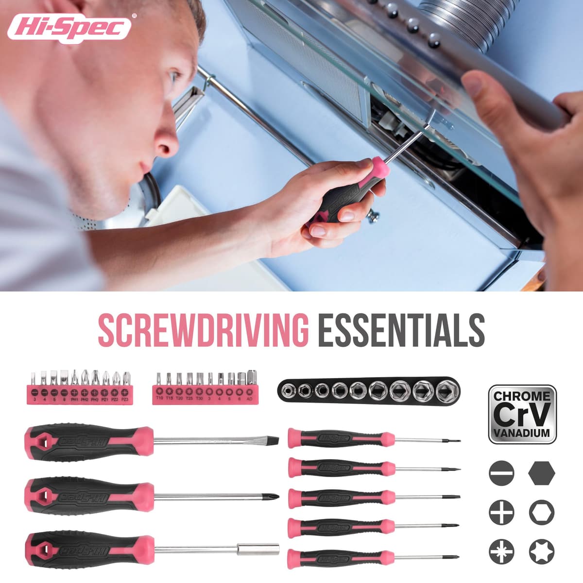 Hi-Spec 56pc Pink Home & Office DIY Tool Kit Set. Complete Household Tool Box with Essential Hand Tools Included for Basic Repairs, Maintenance & Home Improvement Projects — view 3