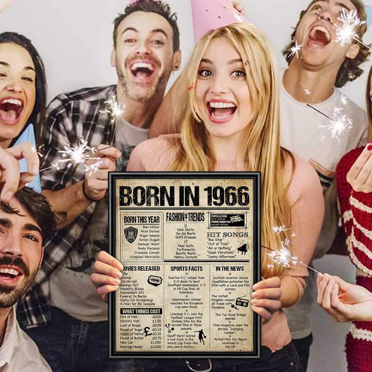 Benjia 1966 Poster Framed UK, Happy 60th Birthday Sign Card Party Decor Supplies Home Decoration Birthday Gift 60 Years Old Wedding Newspaper For Men Women (8x10 inch, Vintage) — view 6