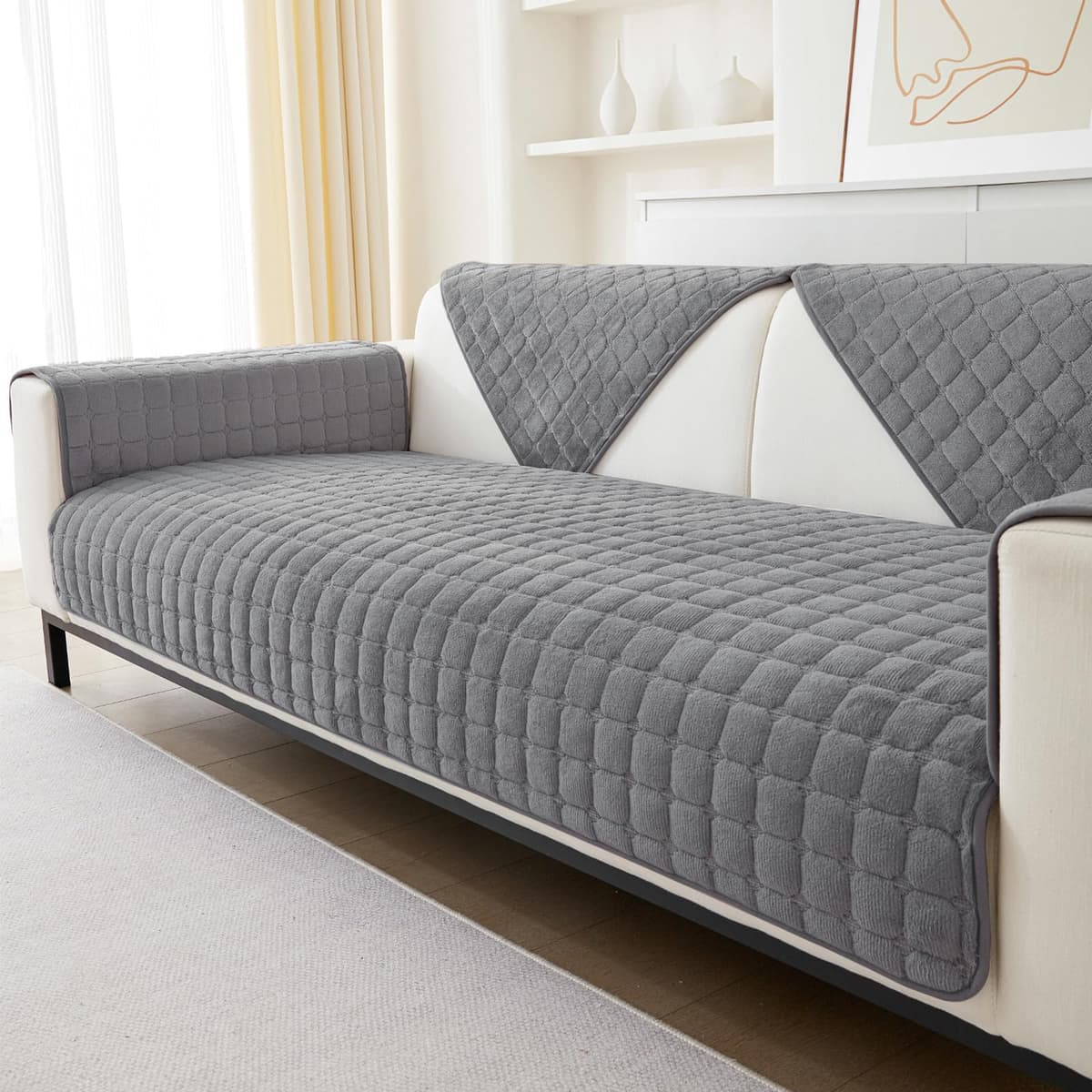 SHANNA Thick Rabbit Plush Sofa Cover 1 2 3 Seater, New Universal Non-Slip Corner Sofa Cover L Shape Super Soft Faux Fur Sofa Slipcovers for Living Room(Grey, 70 * 180cm Seater Cover) — view 27
