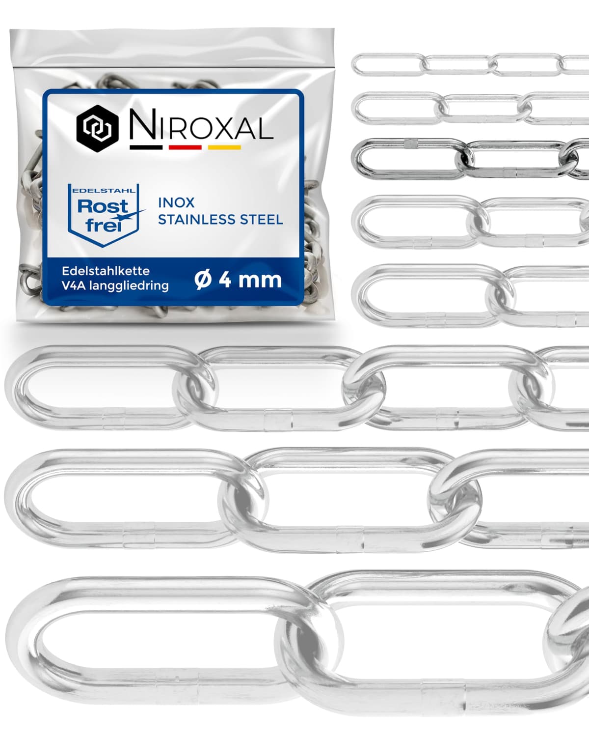 20-metros 4-mm cadena de acero inoxidable de espesor fabricado en V4A de eslabón largo de NietFullThings en cada unidad Cadena de anclaje DIN 5685 DIN 763 20-m
