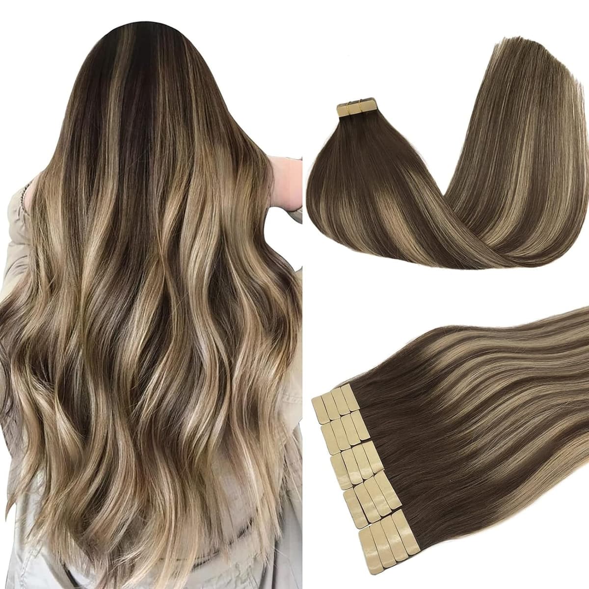 DOORES Tape in Hair Extensions Human Hair, Balayage Dark Brown to Chestnut Brown 50g 20pcs 18 Inch, Human Hair Extensions Natural Remy Straight Skin Weft — view 28