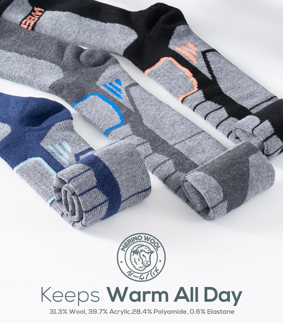 WEIERYA Ski Socks,Merino Wool Ski Socks for Skiing, Snowboarding,Outdoor Sports Thermal Ski Socks,6-8 9-12 Pack of 2/3 — view 2