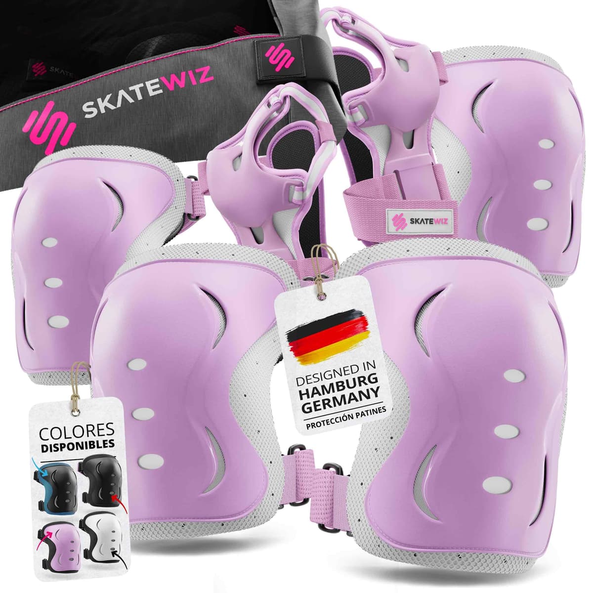 SKATEWIZ Protecciones Patines Set - Para Niño, Niña, Adolescentes y Adultos [6 piezas] con Rodilleras y Coderas Muñequeras - Protecciones Patines Niño