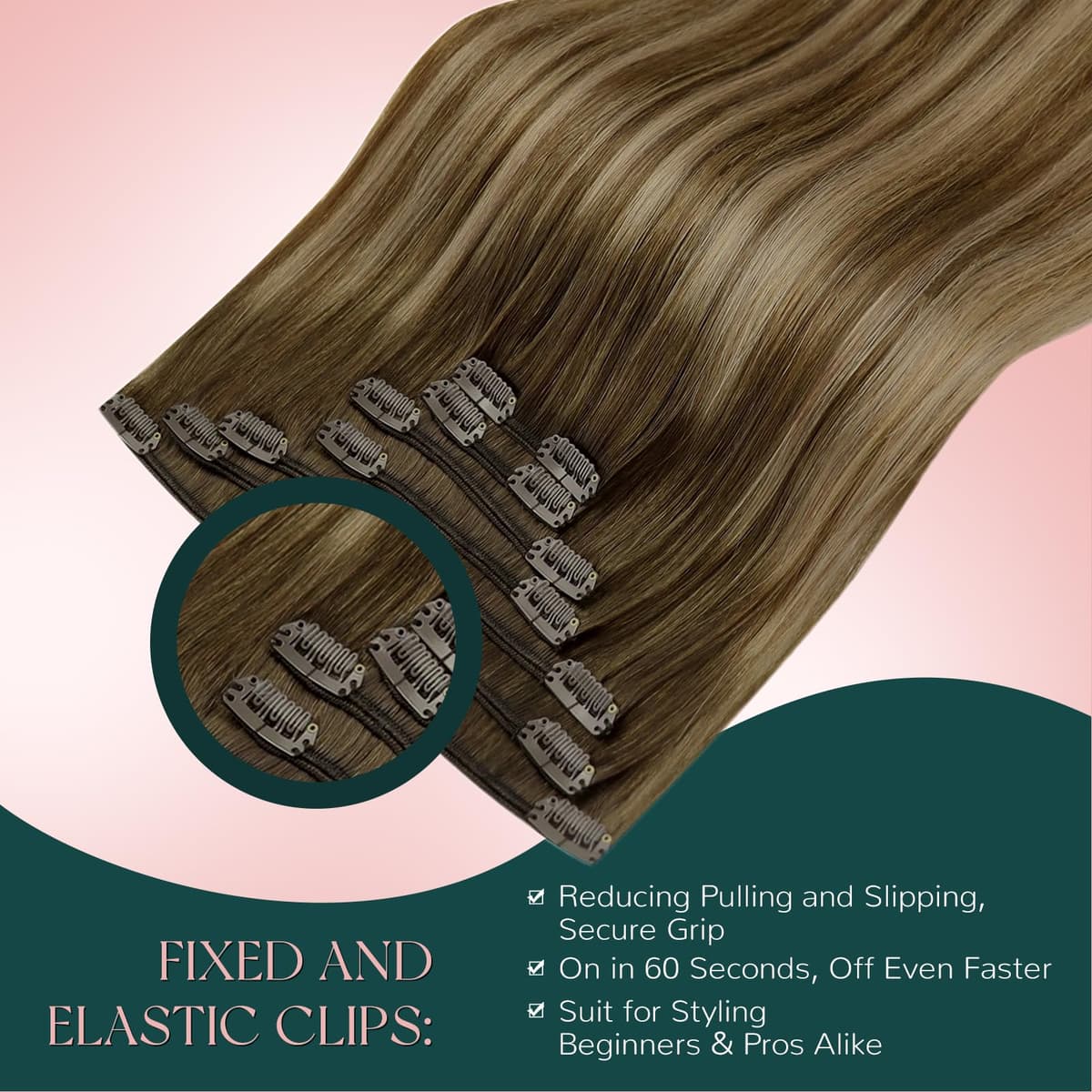 Easyouth Clip in Hair Extensions Human Hair Balayage, Remy Hair Clip in Extensions Ombre, Medium Brown Fading to Caramel Blonde, Real Hair Extension Clip in Human Hair for Beginners, 14In 85g 7pcs — view 3