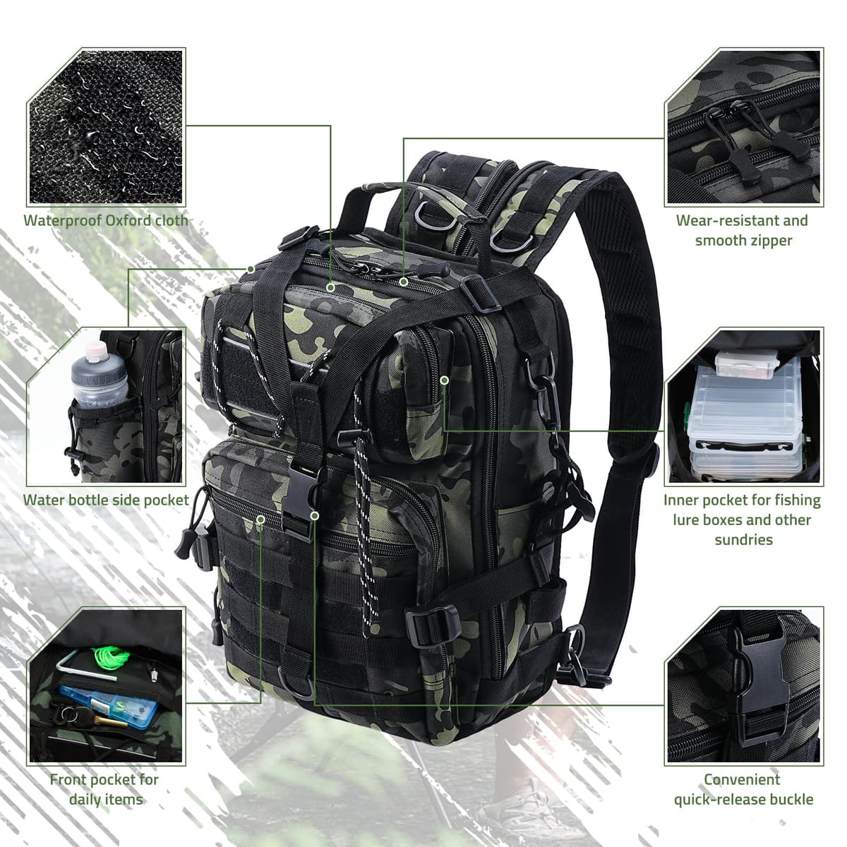 Mochila de Pesca, Mochila de Almacenamiento para Pesca Bolsa de Aparejos de Pesca Impermeable Bolsa de Pesca Mochila de Pesca Táctical Mochila Táctica Molle para Pesca Senderismo Caza — view 4