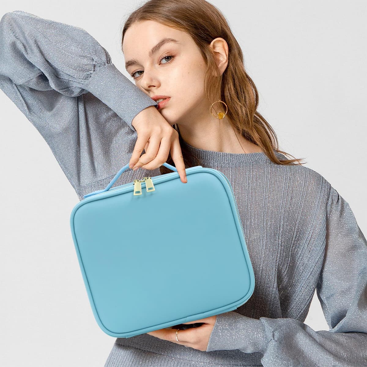 Travel Makeup Bag with Mirror and Lights, Makeup Case with Lighted Mirror 3 Color Lights Adjust Brightness, Travel Cosmetic Case Makeup Organizer Bag with Adjustable Dividers & Brushes Holder(Blue) — view 5