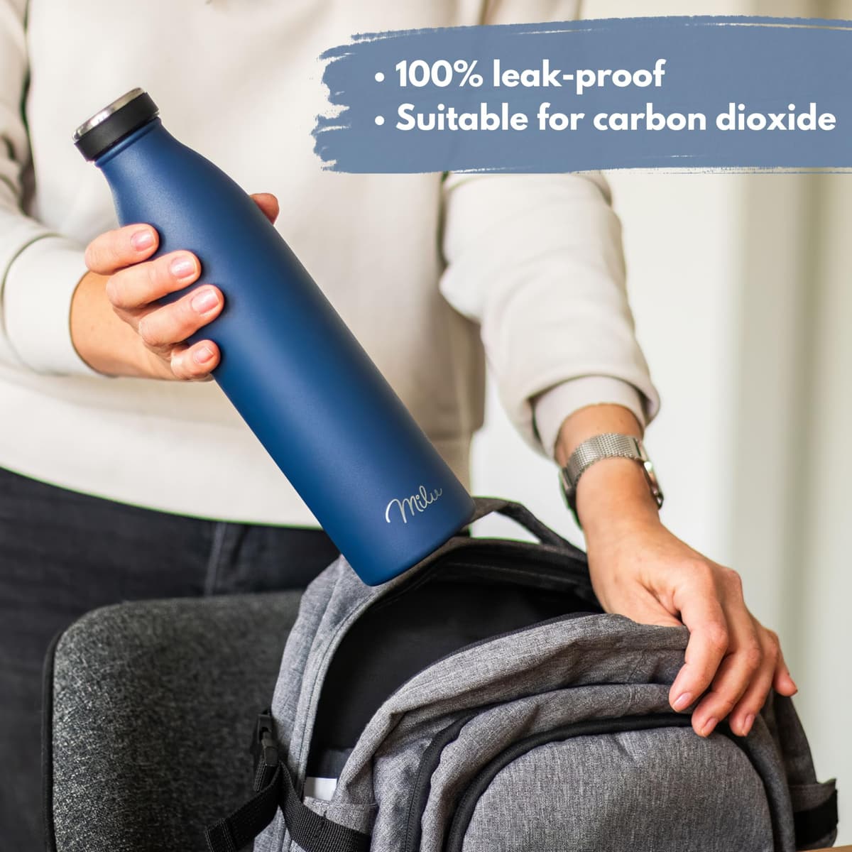 Milu Stainless Steel Drinking Bottle 350 ml - Insulated Thermo Flask for Water - Leak Proof, Insulated and Double Walled, Carbonated (Navy Blue, 350ml) — view 3