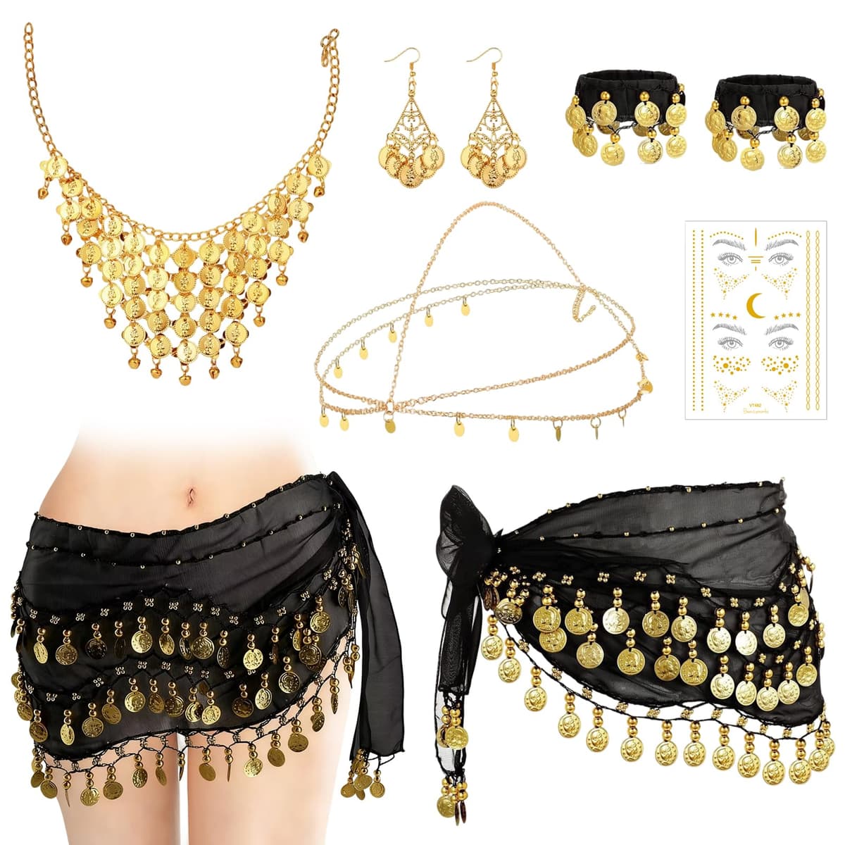 MLPKOI 8 Sets Cinturón de Danza del Vientre, Pañuelo Danza del Vientre Mujer, Pañuelo de Cadera para Espectáculo y Fiesta, con Monedas De Oro Pendientes Collar Pulseras y tocados, Carnaval Disfraces — view 2