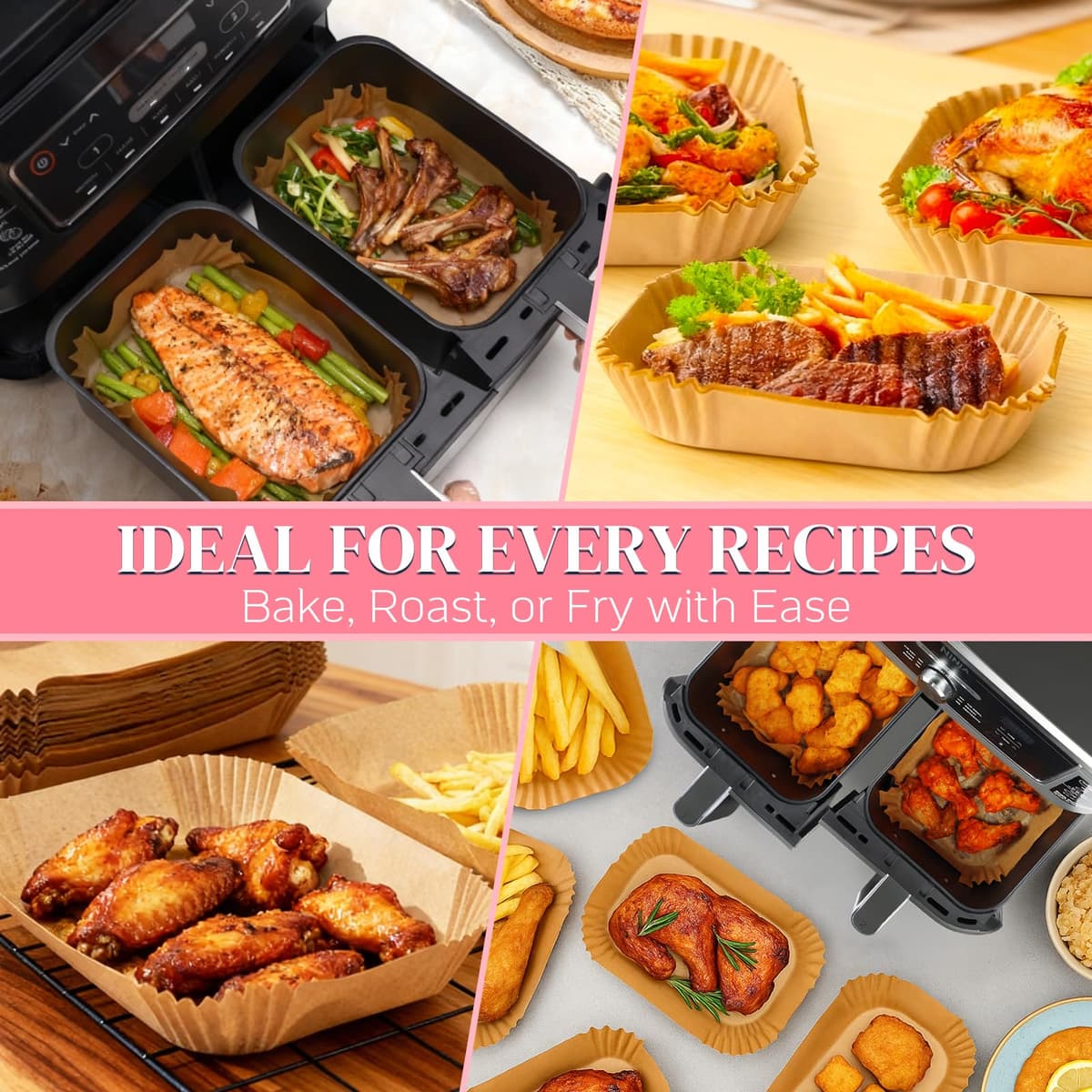 BYKITCHEN 100pcs Air Fryer Liners for Ninja Dual, Air Fryer AF300UK AF400UK Accessories, Disposable Parchment Paper Liner, Compatible with Ninja, Salter, Tower and Other Dual Zone Air Fryer — view 5