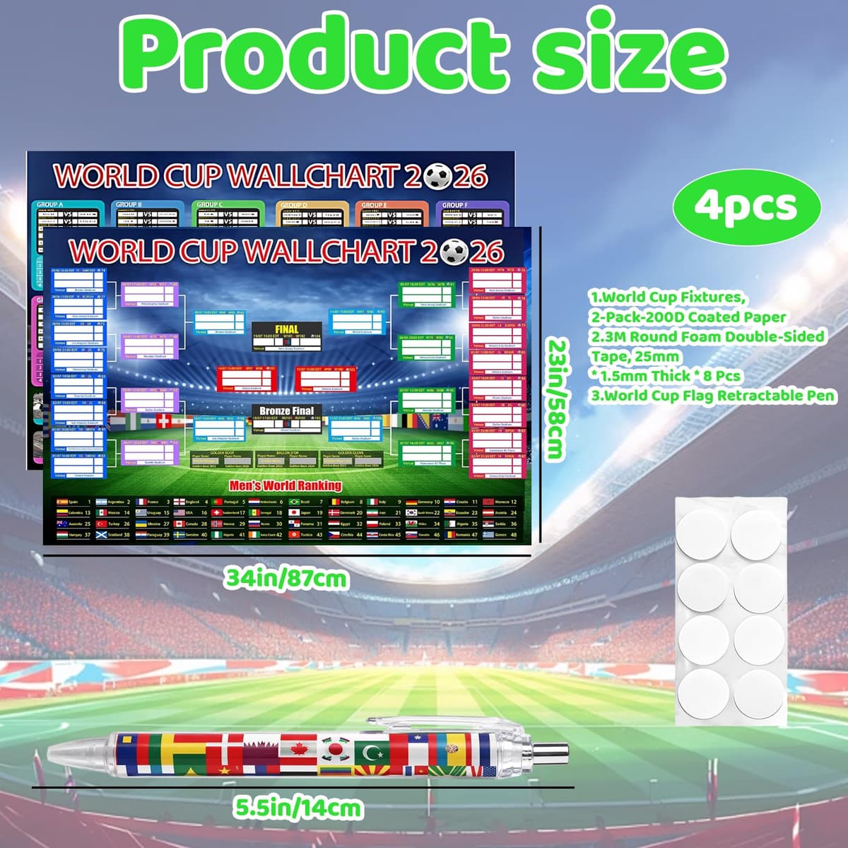 TZMFHD World Cup Football 2026, Interactive Wall Chart for 2 Football Fans, Foldable Design for Easy Storage, Large Size 87 x 58 cm, World Cup Bunting 2026 — view 2