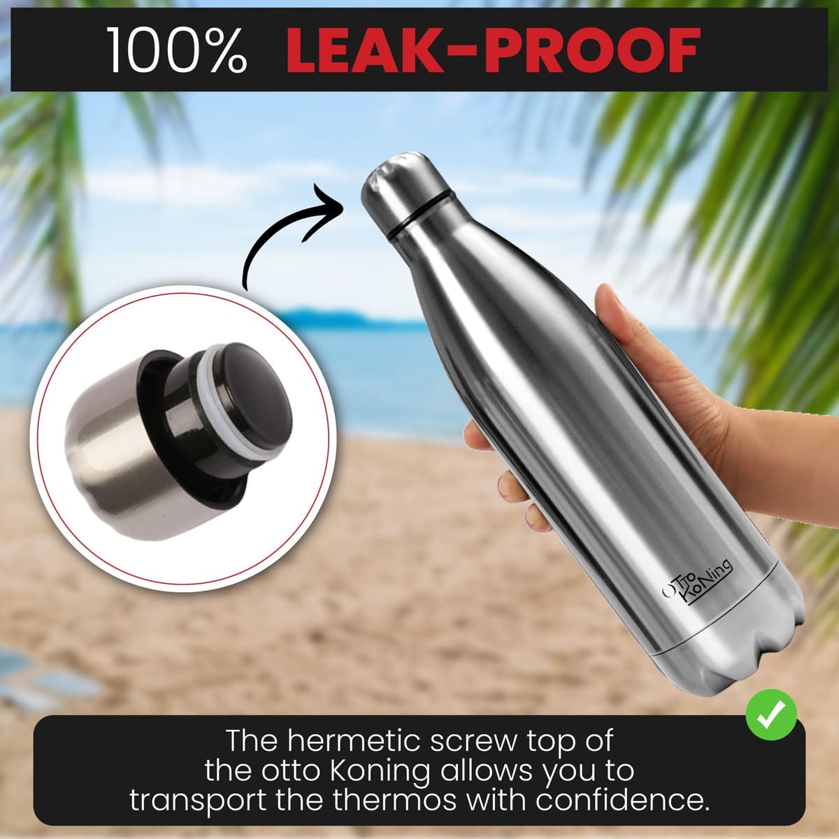 Water Bottle Otto Koning 1L - 1 Litre Stainless Steel Vacuum Insulated Flask - Keeps Cold 24h / Hot 12h - Large Leak Proof & BPA Free Metal Drinks Bottle for Gym, Hiking & Sports — view 4