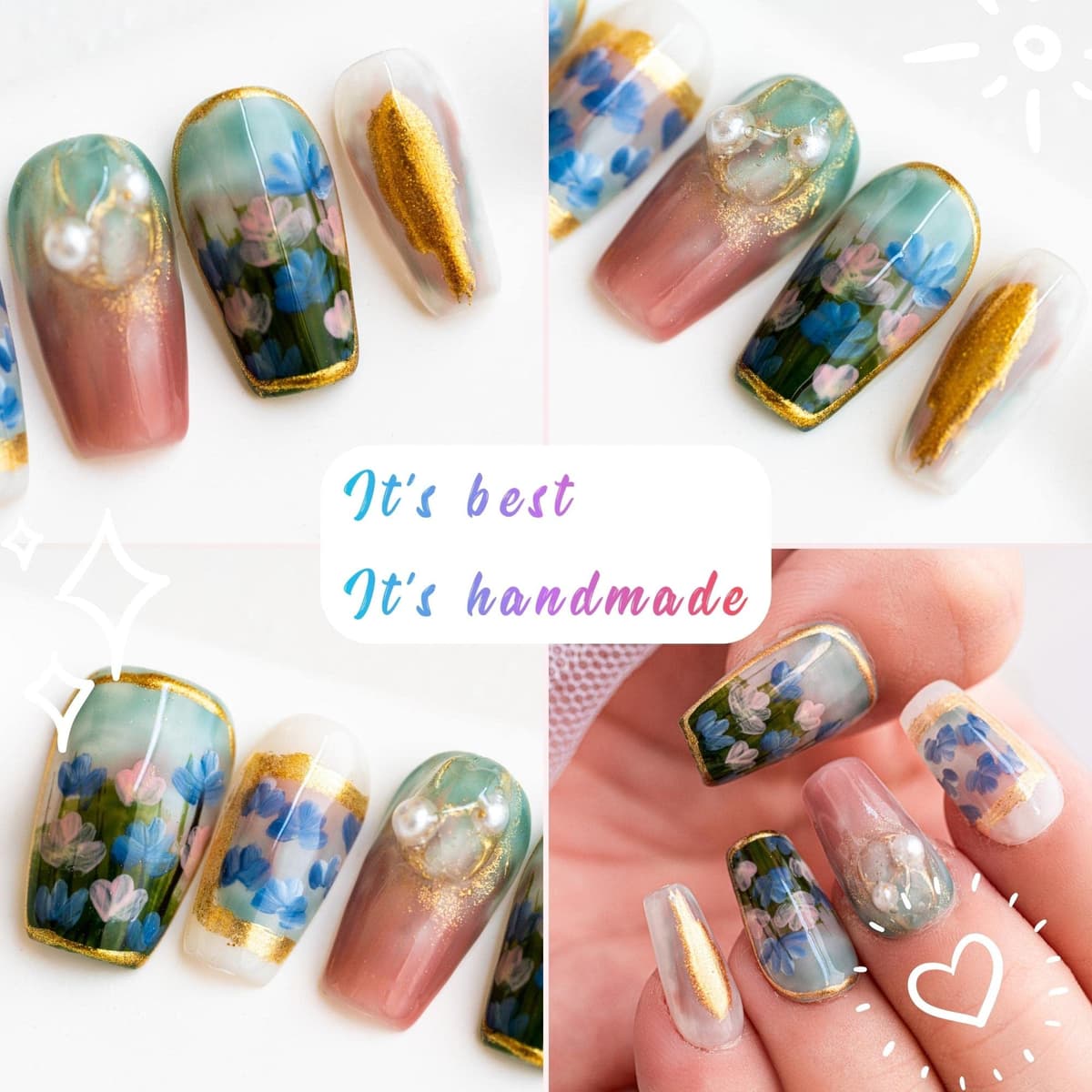 Sun&Beam Nails Handmade Press On Nail Long Coffin Ballerina Pink Flower Acrylic Fake Tip 3D Design Art Charms Cute with Storage Box 10 Pcs (S) — view 278