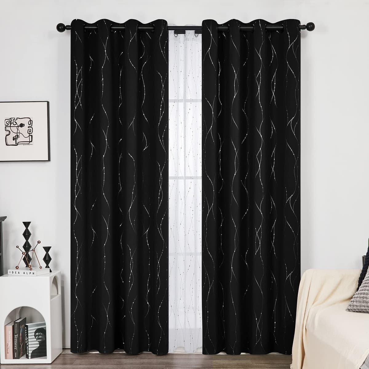 Deconovo Soft Dotted Line Foil Printed Blackout Curtains Thermal Insulated Curtains Eyelet Energy Efficiency Room Darkening Curtains for Bedroom 52 x 72 Inch Light Grey 2 Panels — view 62