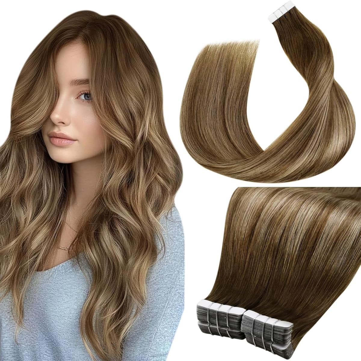 LaaVoo Tape in Hair Extensions Human Hair Blonde Tape Hair Extensions Real Human Hair Invisible Tapes Remy Straight Balayage Brown to Blonde Hair Double Sided Tabs 20pcs 50g 16 Inch #8/18/60 — view 95