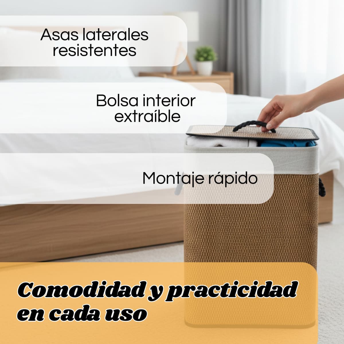 Weida Cesto de la Ropa Sucia de Bambú | Con Tapa y Asas Plegable | Bolsa Extraíble y Lavable | Diseño Natural | Para baño o Dormitorio | Color Marrón Oscuro Bambú (60cm-40cm-30cm Rectangular) — view 4