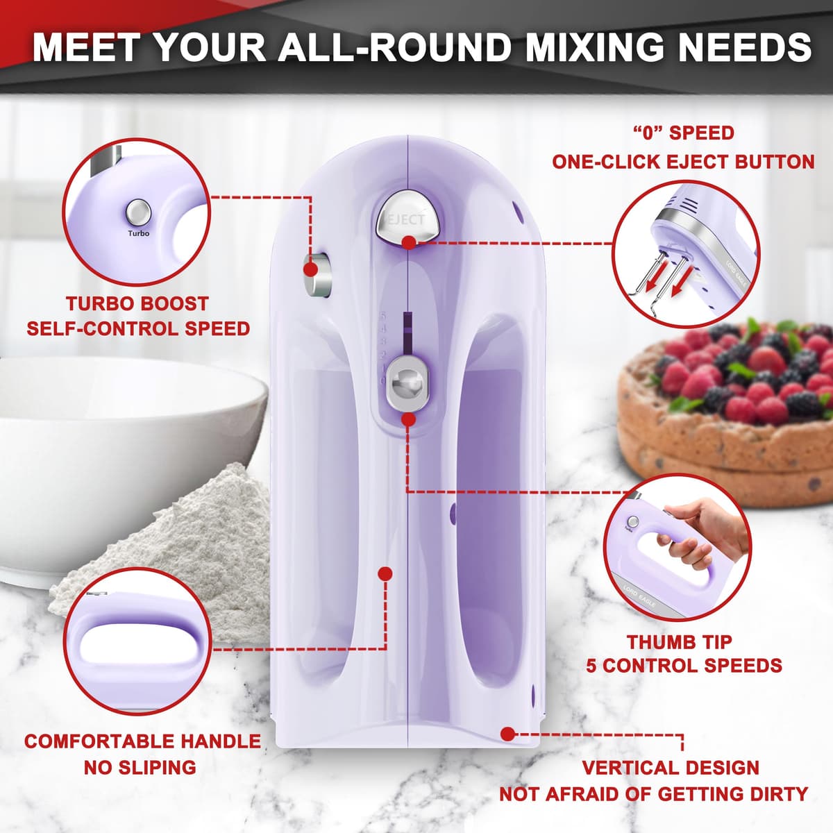 Lord Eagle Hand Mixer Electric Whisk, 400W Power Handheld Mixer for Baking Cake Egg Cream Food Beater, Turbo Boost/Self-Control Speed + 5 Speed + Eject Button + 5 Accessories, Purple — view 3