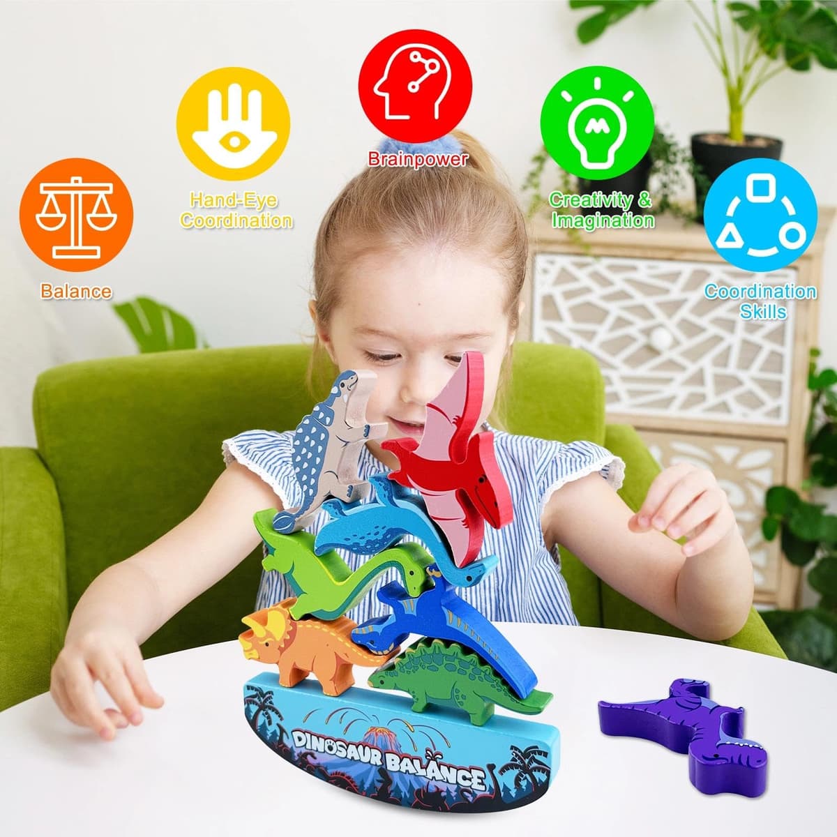 Fousenuk Juguetes de Motricidad Fina de Dinosaurios, Juguetes Montessori, Juguetes de Bloques de Construcción de Equilibrio, Bloques de Equilibrio de Madera, Juego de Apilamiento, para Niños 3+ Años — view 5