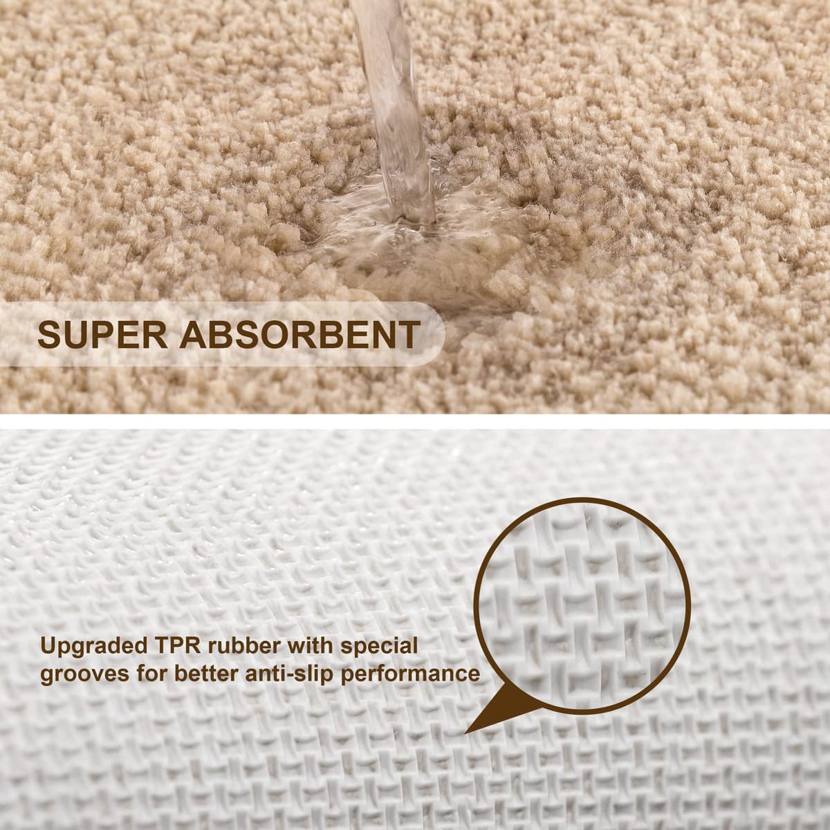 VANZAVANZU Non Slip Bath Mat Thickened Bath Rug for Bathroom Absorbent Ultra Soft Bathroom Mat Rug Fluffy Microfiber Bedside Carpet Floor Mat, Quick-drying, Machine Washable - 40 x 60cm (Beige) — view 5