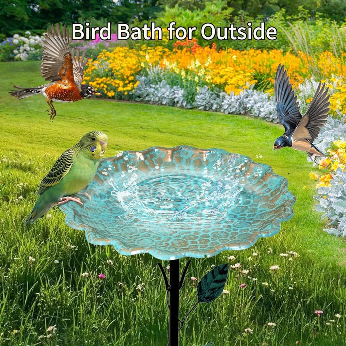 32In Bird Bath for Garden, Vintage Bird Hummingbird Baths Feeder Bowl, Freestanding Birdbaths and Supports with 5 Prongs Base Stake for Outdoors Garden Patio Yard Lawn Decor Birds Supplies — view 5