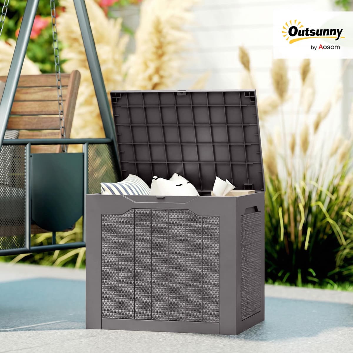 Outsunny 93L Plastic Garden Storage Box, Outdoor Storage Box with Handles, Waterproof Outdoor Storage Container for Garden Tools and Accessories, Brown — view 2
