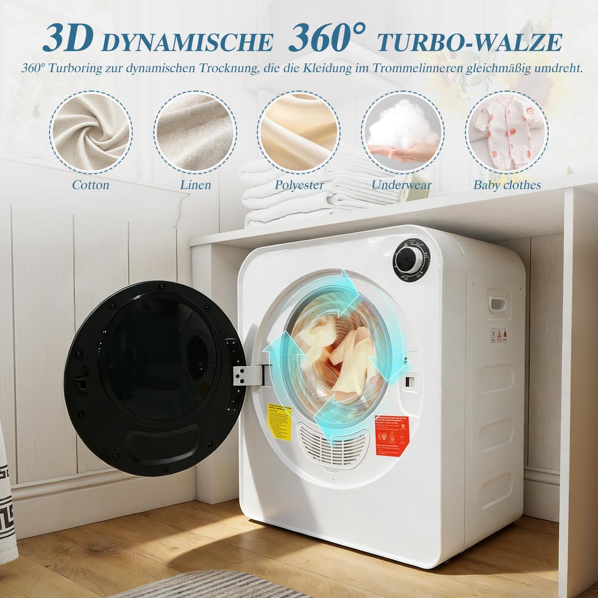 ECLIVON Secadora de Evacuación 4 kg con 4 Programas, Carga Frontal Secadora de Ropa 830 W, Montable en la Pared Secadora de Ropa con Tambor Inox, para Piso, Casa, Mobil Home, 59,5x49,5x41,5 cm, Blanco — view 4