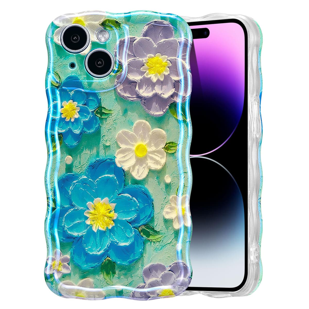 EYZUTAK Case for iPhone 16, Colorful Retro Oil Painting Printed Flower Laser Glossy Pattern Cute Curly Wave Edge Exquisite Phone Cover Stylish Durable TPU Protective Case for Girl Women-Green — view 71
