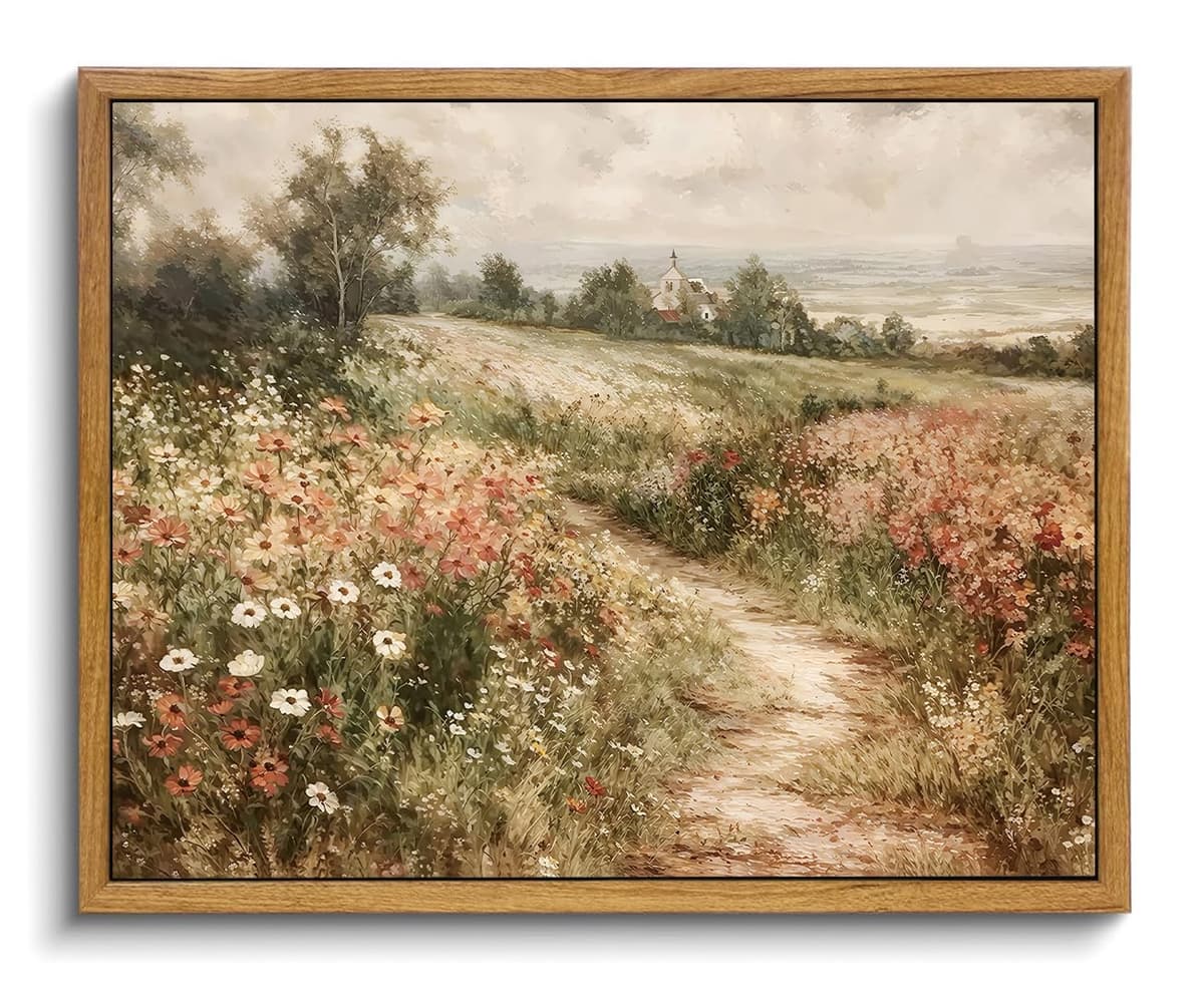 OIQArtOIQ Framed Canvas Wall Art,Vintage Decor,Landscape Nature Country Wildflower Paintings Farmhouse Pictures Modern Artwork Rustic Fall Flower Prints Cottagecore Office Living Room Bedroom Bathroom