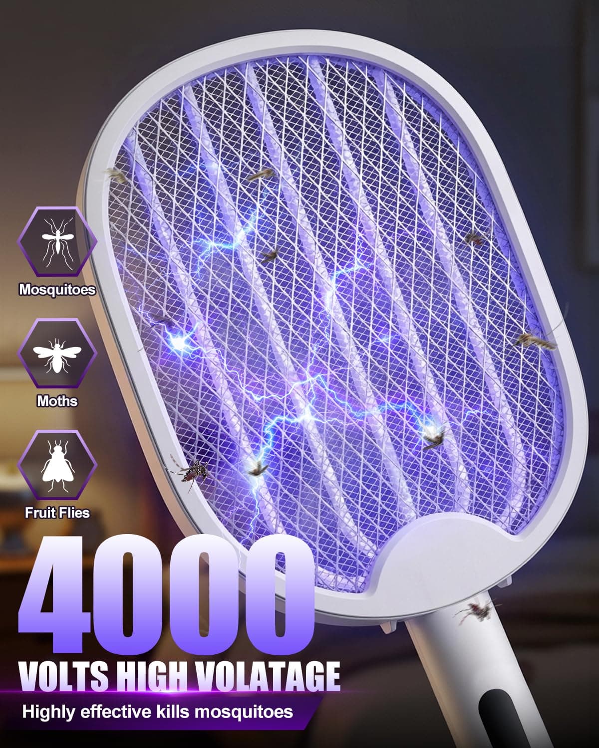 Fly Zapper, Foldable Electric Mosquito Swatter 4000V, 1800mAh Rechargeable Bug Zapper Racket with Auto & Manual Mode, 180° Portable Mosquito Killer, Safe 3-Layer Mesh for Indoor & Outdoor Use — view 2