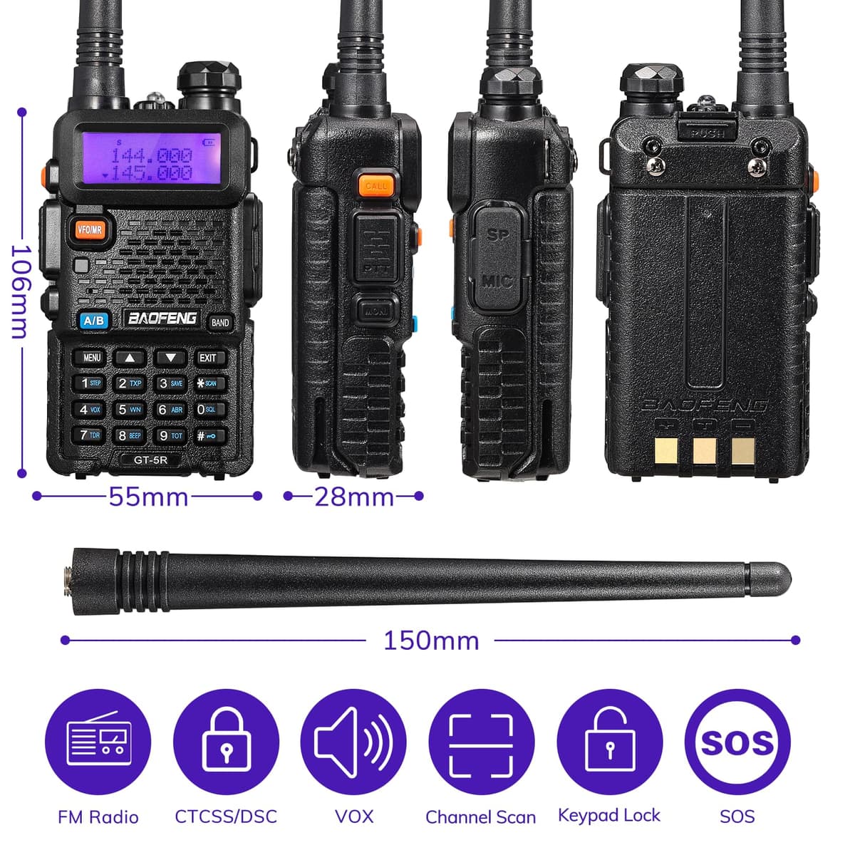BAOFENG GT-5R Walkie Talkie, Radio de Doble Banda para 144-146/430-440MHz, Largo Alcance con 128 Canales, Batería de 1800 mAh, Auriculares, Cable de Programación para Camping, Soporte Chirp, 2PCS — view 5