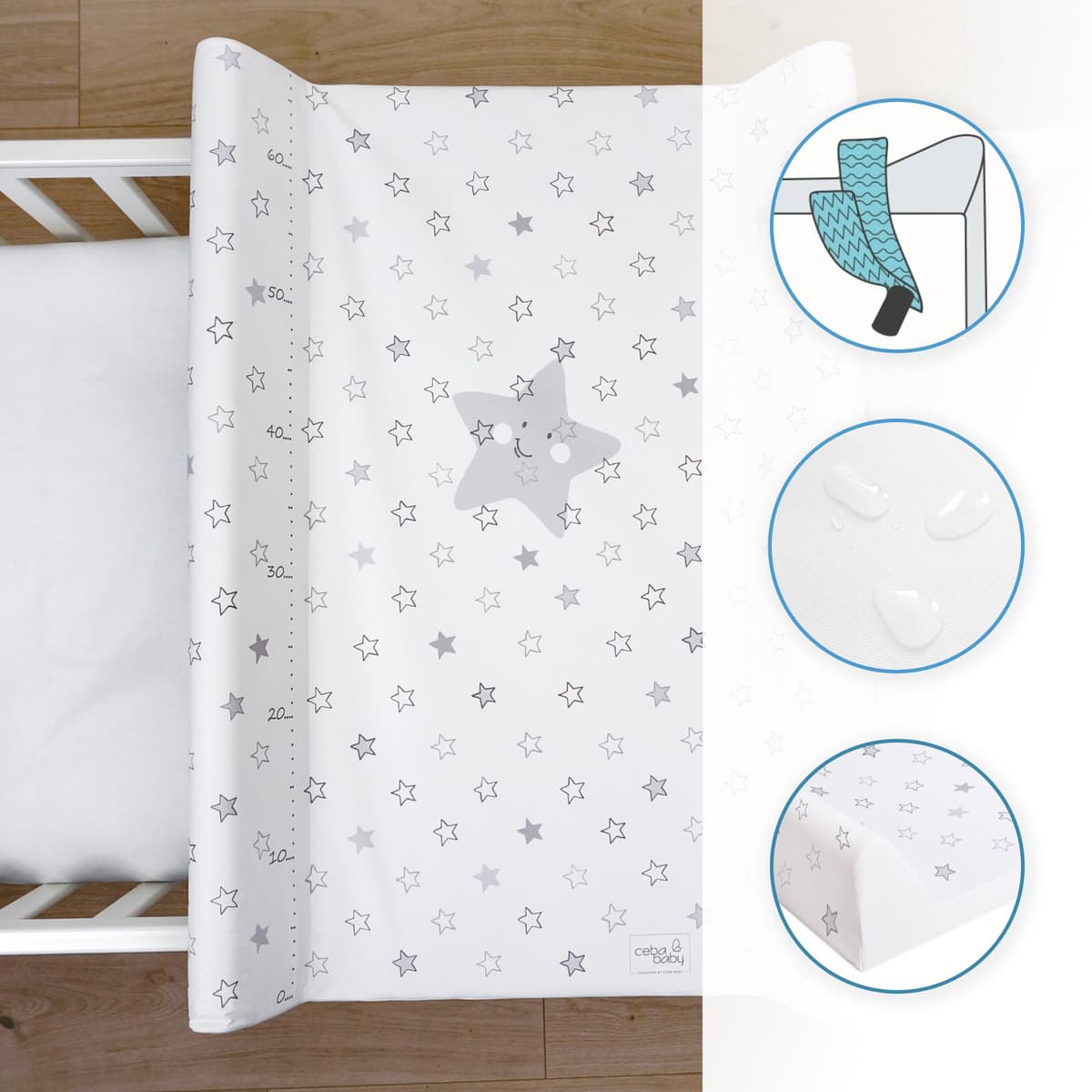 Baby Hard Base Changing Mat/Top Changer 70x50 cm fits 120x60 cm Cot Unisex Wedge Anti Roll Nappy Newborn Baby Waterproof Changing Mat with Raised Edges (Stars Grey) — view 3