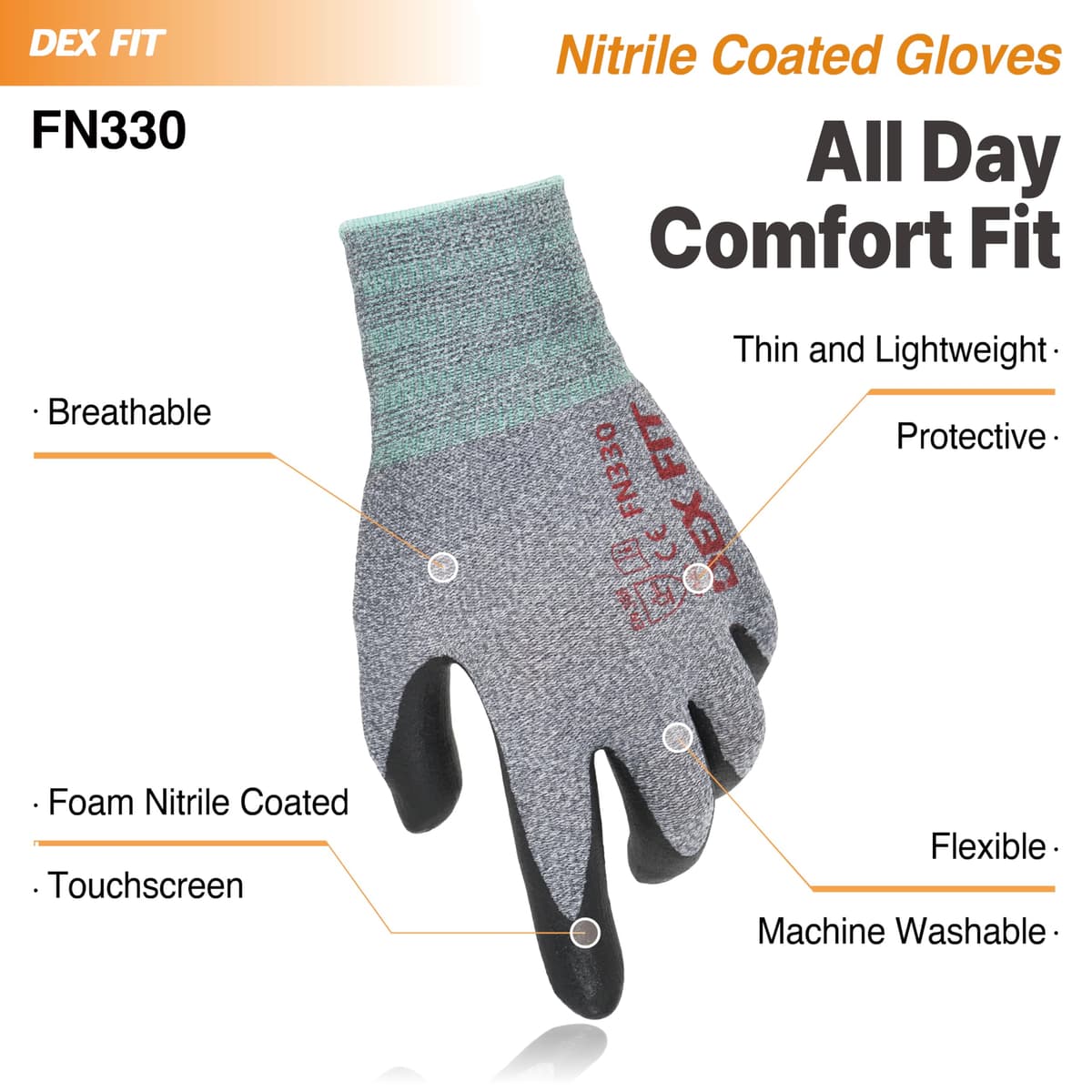 DEX FIT Guantes de Trabajo FN330, Ajuste Cómodo Elástico 3D, Buen Agarre, Recubrimiento de Espuma Duradero de Nitrilo, Táctil, Fino y Ligero, Lavable en la Lavadora — view 4