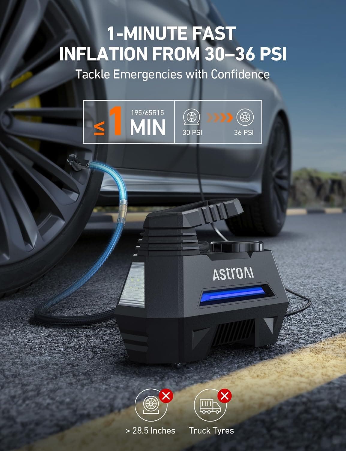 AstroAI Tyre Inflator Air Compressor 12V DC, 35LPM 100W Powerful Portable Car Tyre Pump Auto-Stop with Digital Pressure Gauge — view 2