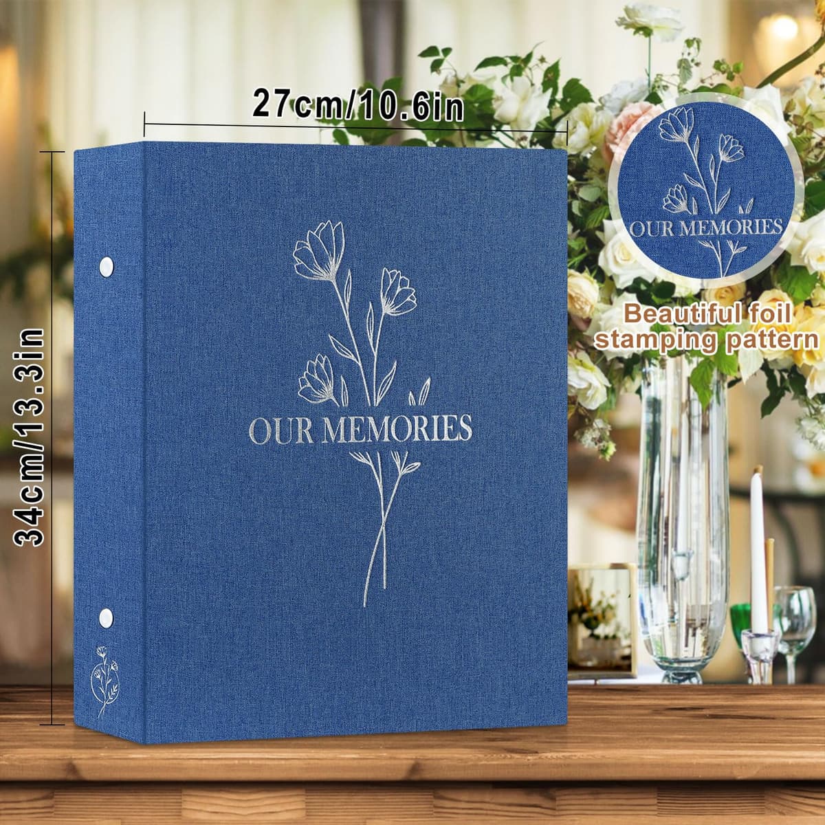 Lanpn Lino Album de Fotos 10x15 400, OUR MEMORIES Tapa Dura Album para Photos Bolsillos Verticales Azul — view 2