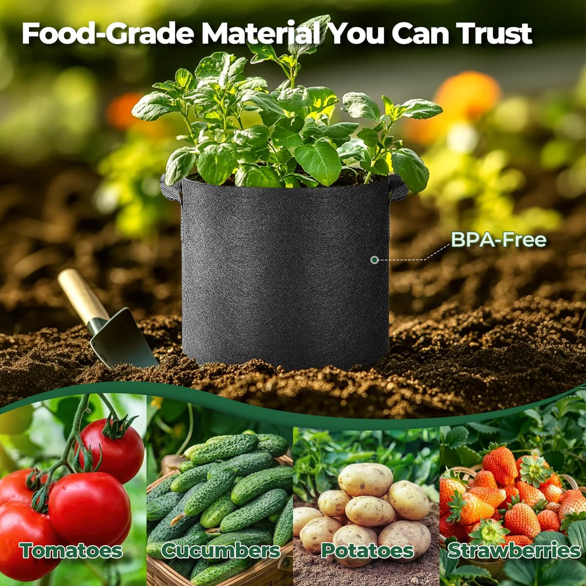 T4U Grow Bags with Handles, 10 Gallon 10 Pack Fabric Grow Bags for Vegetables, Breathable Fabric Pots for UK Gardeners Growing Tomatoes, Potatoes & Courgettes in Patios, Small Gardens or Allotments — view 3