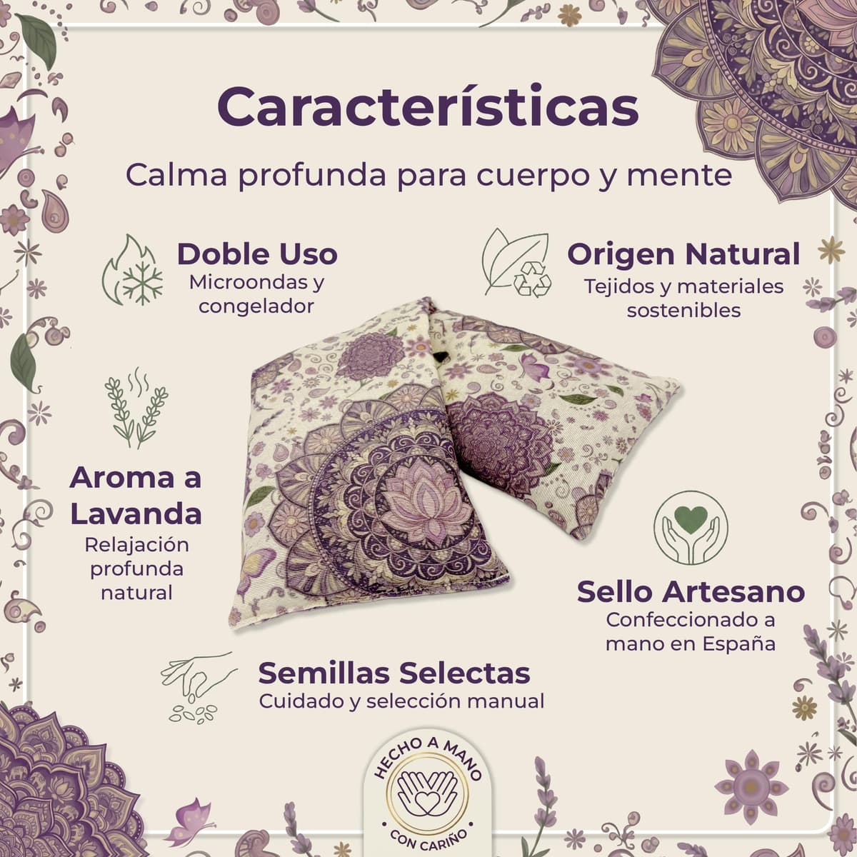 Saco Semillas Microondas Termico 45x14cm Aroma Lavanda - Bolsa Semillas Calor Microondas - Cojin para Dolor Cervical y Lumbar - Saquito Menstrual - Almohadilla Calor y Frio - Hecho a Mano (Mandala) — view 3