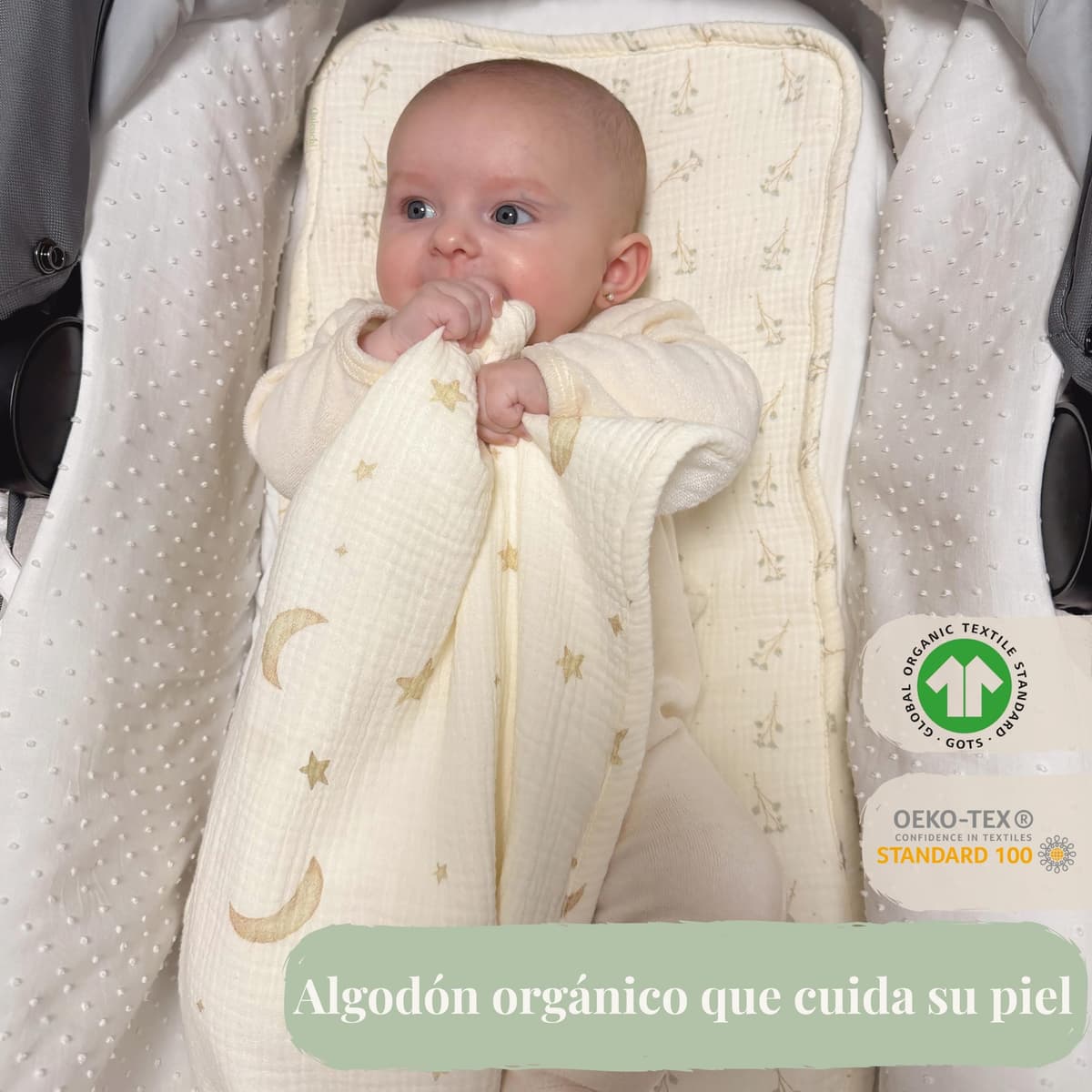Pack de 3 Muselinas bebé algodón 100% orgánico Gots 60x30cm- Gasas de Muselina Suaves y Rizo Absorbente- Salvababas bebés Multiusos- Regalos para recién Nacidos niño y niña (Beige) — view 2