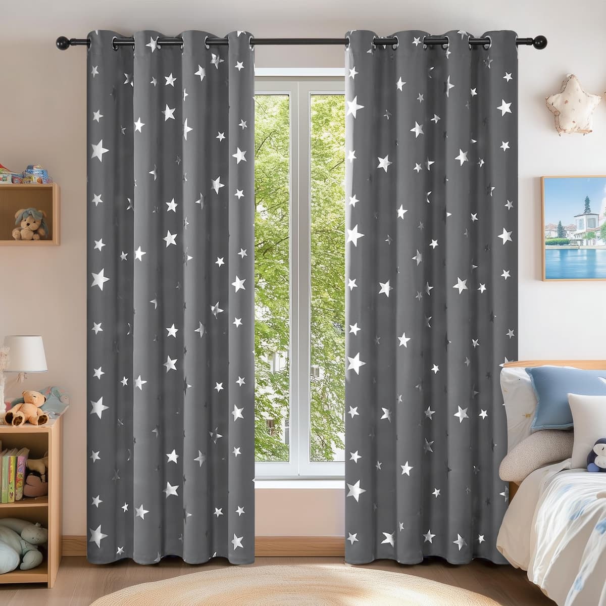Deconovo Navy Blue Curtains for Living Room Super Soft Thermal Insulated Star Foil Printed Eyelet Blackout Curtains 46 x 54 Inch 2 Panels — view 17