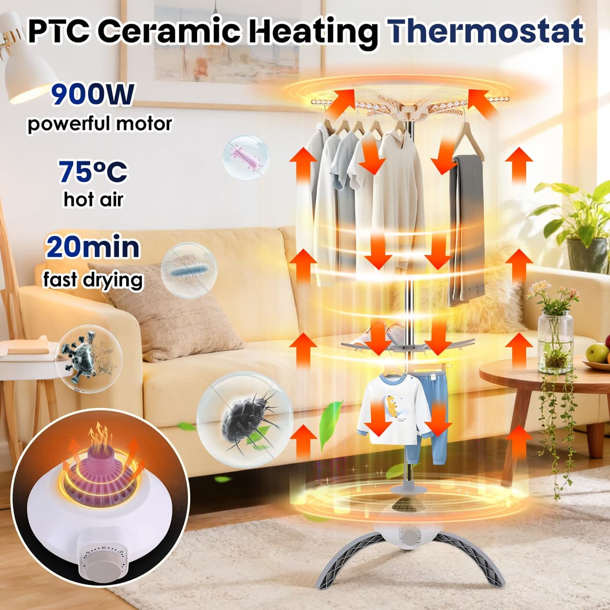 Heated Clothes Airer, 900W Portable Electric Clothes Dryer Indoor, 12kg 2-Tier Circulates Hot Air Airer Machine for Quick Drying, Energy Efficient Indoor Drying for Household — view 6