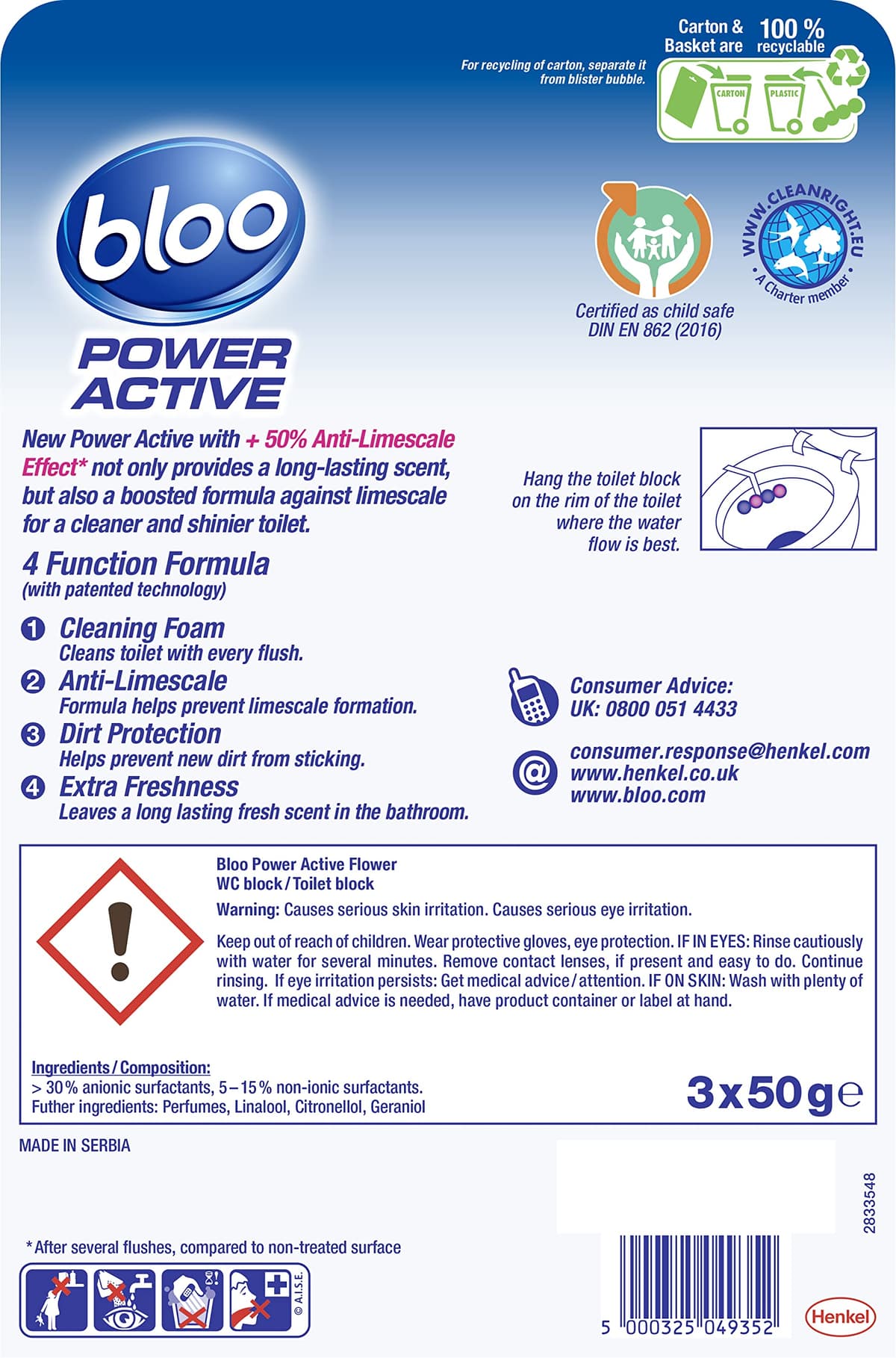Bloo Power Active Toilet Rim Block Fresh Flowers, with Anti-Limescale, Cleaning Foam, Dirt Protection and Extra Freshness - Pack of 3 Rimblocks — view 2