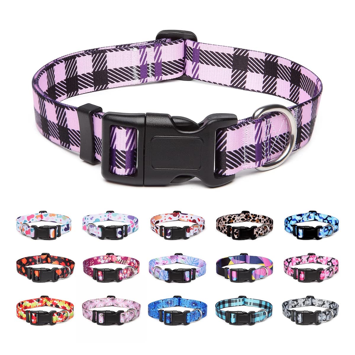 Adjustable Nylon Dog Collar with Patterns, Soft Comfy Pet Collar for Small Medium Large Dogs (S, Purple Plaid)