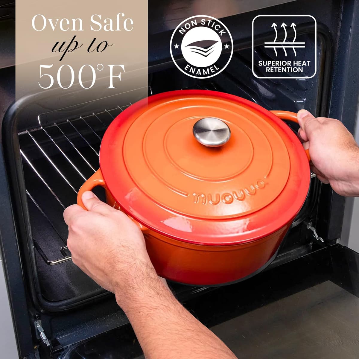 Nuovva Enamelled Cast Iron Dutch Oven Pot with Lid – 5 Quart Casserole Dish – Ceramic Dutch Oven for Bread Baking, Roasting, Braising & Stews – Oven Safe up to 500°F – 24cm Orange — view 5